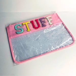 Pink Chenille Letter Clear Zipper Pouch for Travel Nylon Cosmetic Bag Makeup